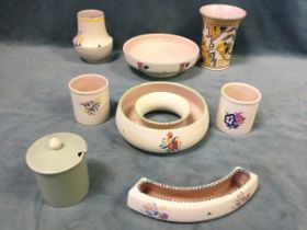 A collection of Poole Pottery with dashed rims - vases, a fruit bowl, pots, crescent vases, etc. (