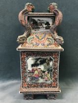 A fine Republic period square porcelain vase with four mythical beast handles to the corners, the