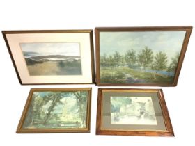 Four framed prints - Constable Salisbury, Russell Flint alluring ladies, Roy Perry coastal golf