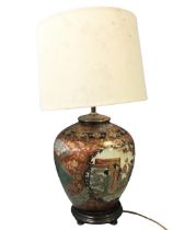 A Japanese Satsuma style tablelamp decorated with brocade type panels and cartouches of ladies in