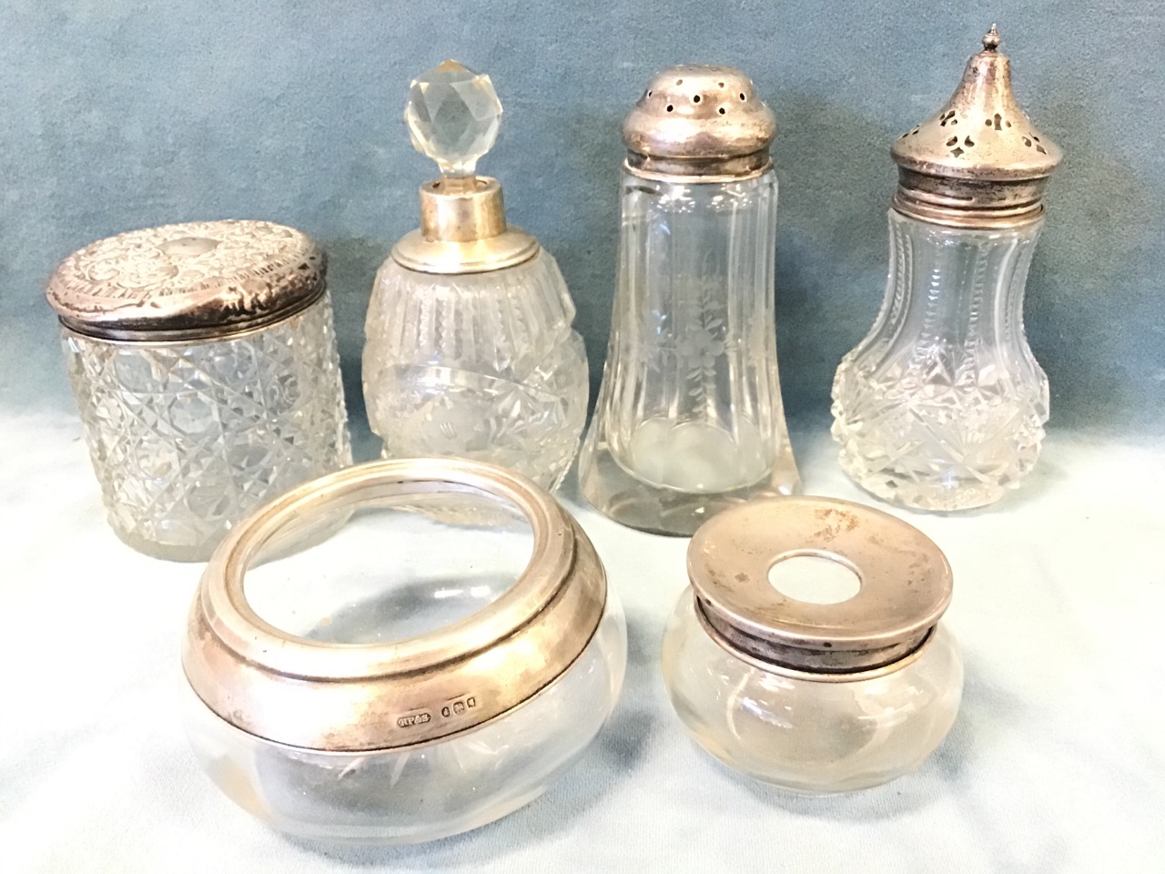 Seven hallmarked silver mounted cut glass vessels - a Hukin & Heath decanter, two silver topped - Image 3 of 3