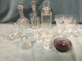 Miscellaneous glass including two sets of six leaf-cut glasses, decanters & stoppers - one with