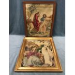 A Victorian woolwork tapestry depicting classical figures in a landscape, gilt framed; and another