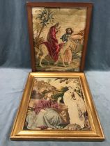 A Victorian woolwork tapestry depicting classical figures in a landscape, gilt framed; and another