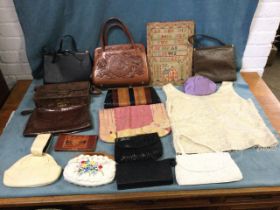 Miscellaneous vintage handbags and textiles including a Victorian sampler, beaded, crocodile,