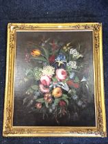 C18th oil on canvas, still life with flowers and insects, unsigned and re-lined, in floral mounted