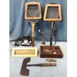 Miscellaneous collectors items - two wood tennis rackets with clamps, a pyramid telephone, a