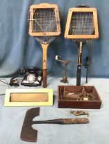 Miscellaneous collectors items - two wood tennis rackets with clamps, a pyramid telephone, a