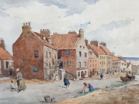 James Steuart, watercolour, Cat Row Dunbar street scene with figures, horse & cart, signed and dated