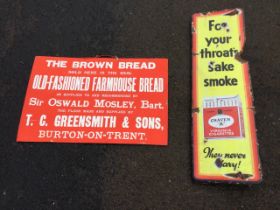 A 1950s rectangular enamelled sign advertising Craven A cigarettes - 11.25in x 37.25in; and a card