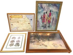 A batik painting with three standing Africa figures in ribbed bamboo style frame; a framed map of