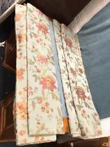 Two pairs of new unused lined green floral brocade curtains. (58in) (2)