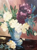 Nancie Foster, oil on board, still life with peonies in a blue vase, signed and framed. (17.25in x