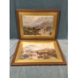 A pair of late Victorian framed prints of cattle watering in the highlands, the oak frames with wide