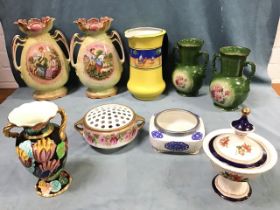 Miscellaneous ceramics - a large jug with Egyptian decoration, two pairs of floral vases, an Italian