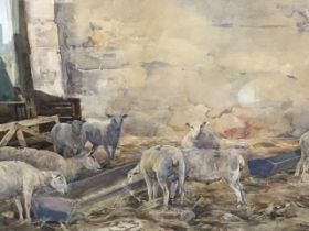 Julian Carlaw? watercolour, sheep in stable, signed indistinctly, mounted & framed. (19.75in x 12.