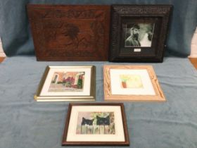 A carved hardwood panel of a lion with leaf scrolled border; and four miscellaneous pictures - Billy
