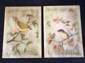 A pair of contemporary decorative washed panels of birds in blossom foliage, with stump style