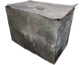 A rectangular galvanised coal bunker with hinged lid and sliding fuel hatch - holed. (48.5in x