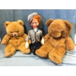 A ventriloquists dummy with articulated jaw & eyes; and two large plush teddy bears. (3)