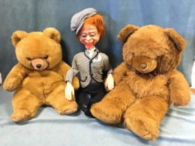 A ventriloquists dummy with articulated jaw & eyes; and two large plush teddy bears. (3)