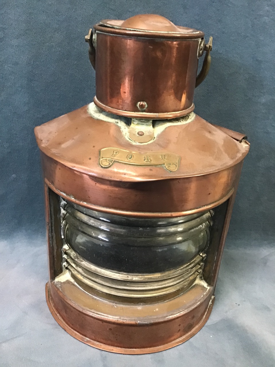 A copper and brass port ships lantern with fresnel lens and sliding door panel - 10in; and a - Image 2 of 3