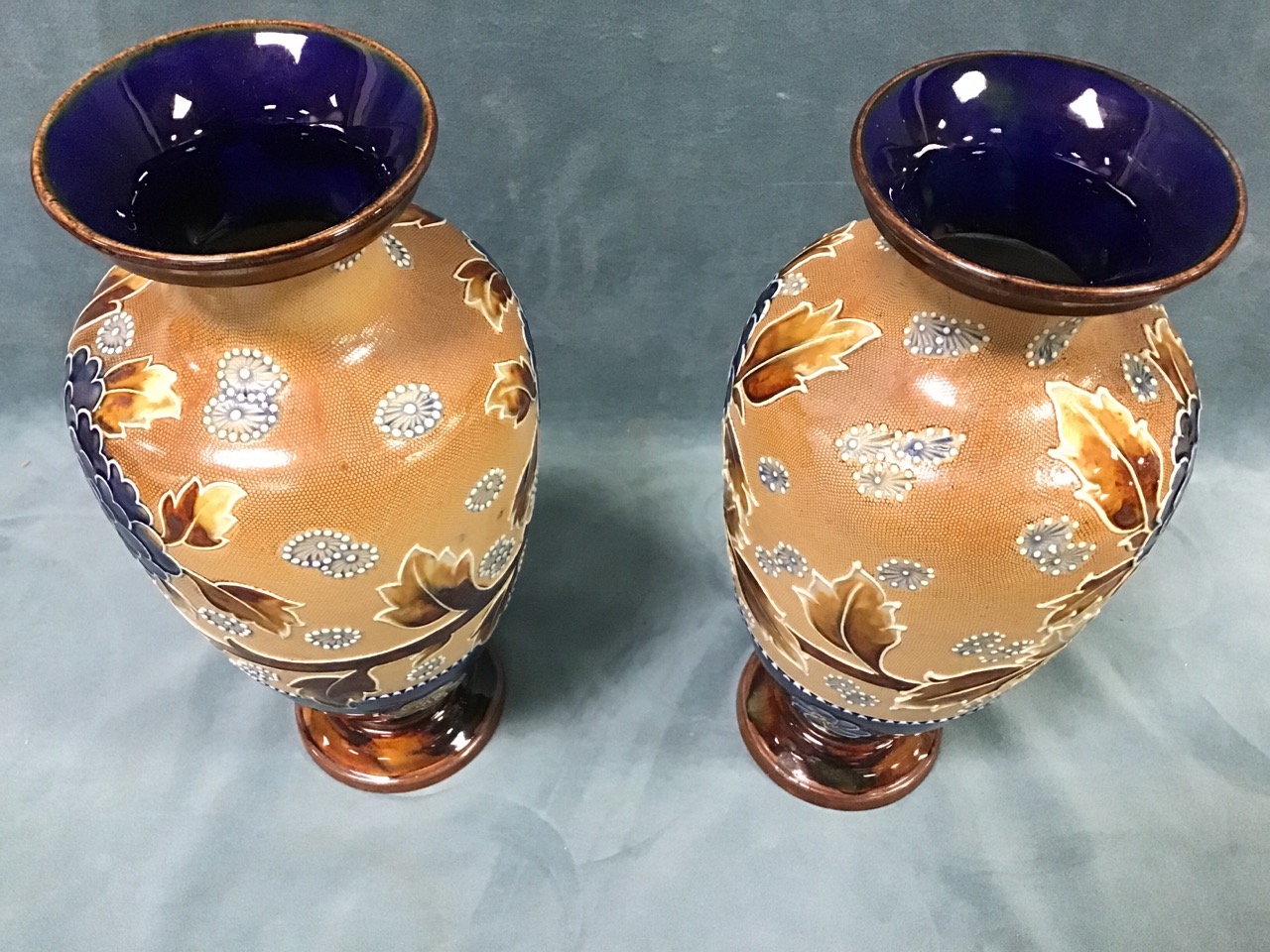 A pair of Doulton Lambeth stoneware vases, with tubelined decoration of peonies and flowerheads by - Image 3 of 3