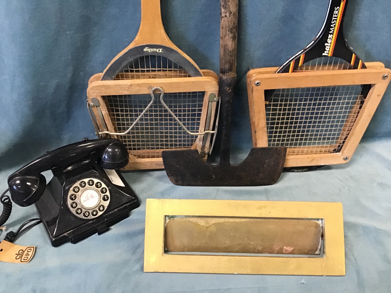 Miscellaneous collectors items - two wood tennis rackets with clamps, a pyramid telephone, a - Image 3 of 3