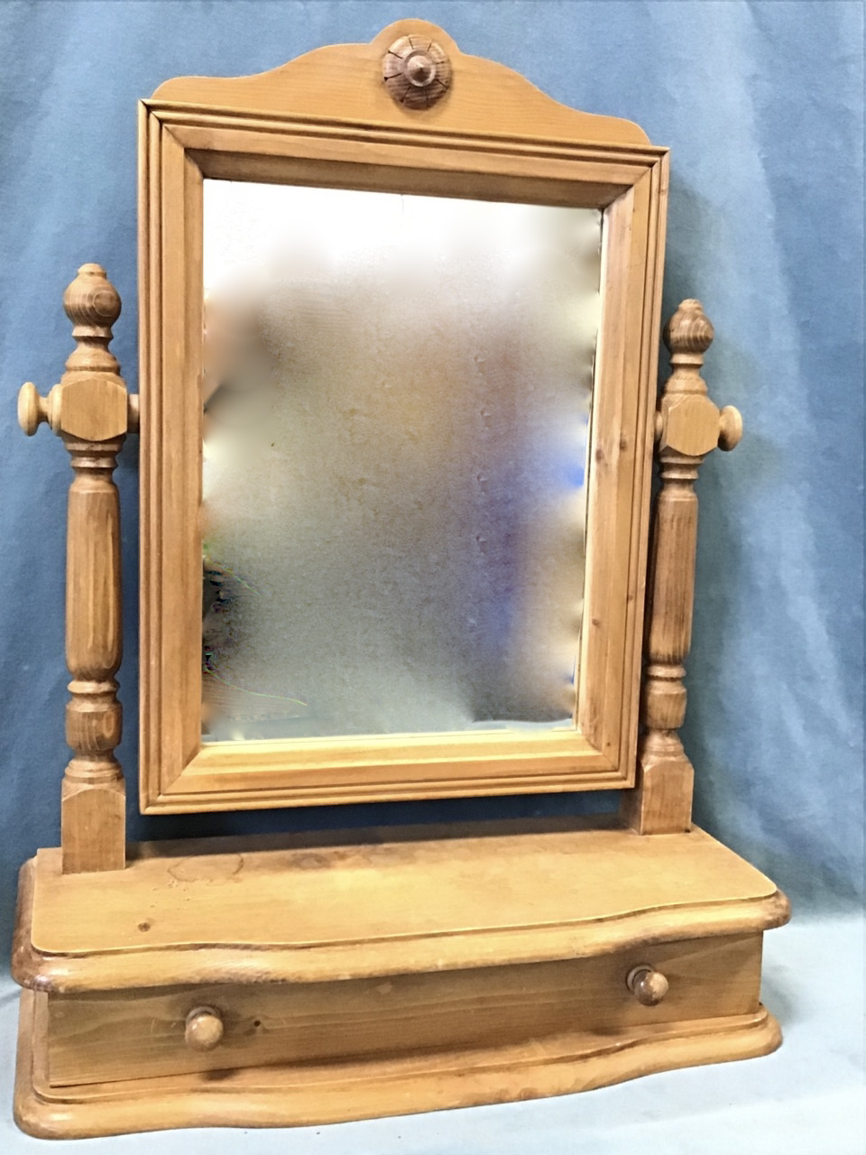 A Victorian style pine dressing table mirror, the shaped crest with applied flowerhead boss above - Image 2 of 3