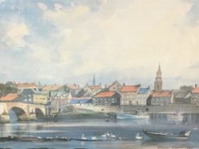 Fred Stott, coloured print, estuary view of Berwick upon Tweed, signed in the plate and dated