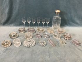 Miscellaneous glass, including a decanter with silver plated stopper, a set of sherry glasses,