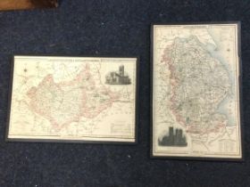 Two 1830s handcoloured maps of Leicestershire & Rutlandshire and Lincolnshire, with vignettes of the