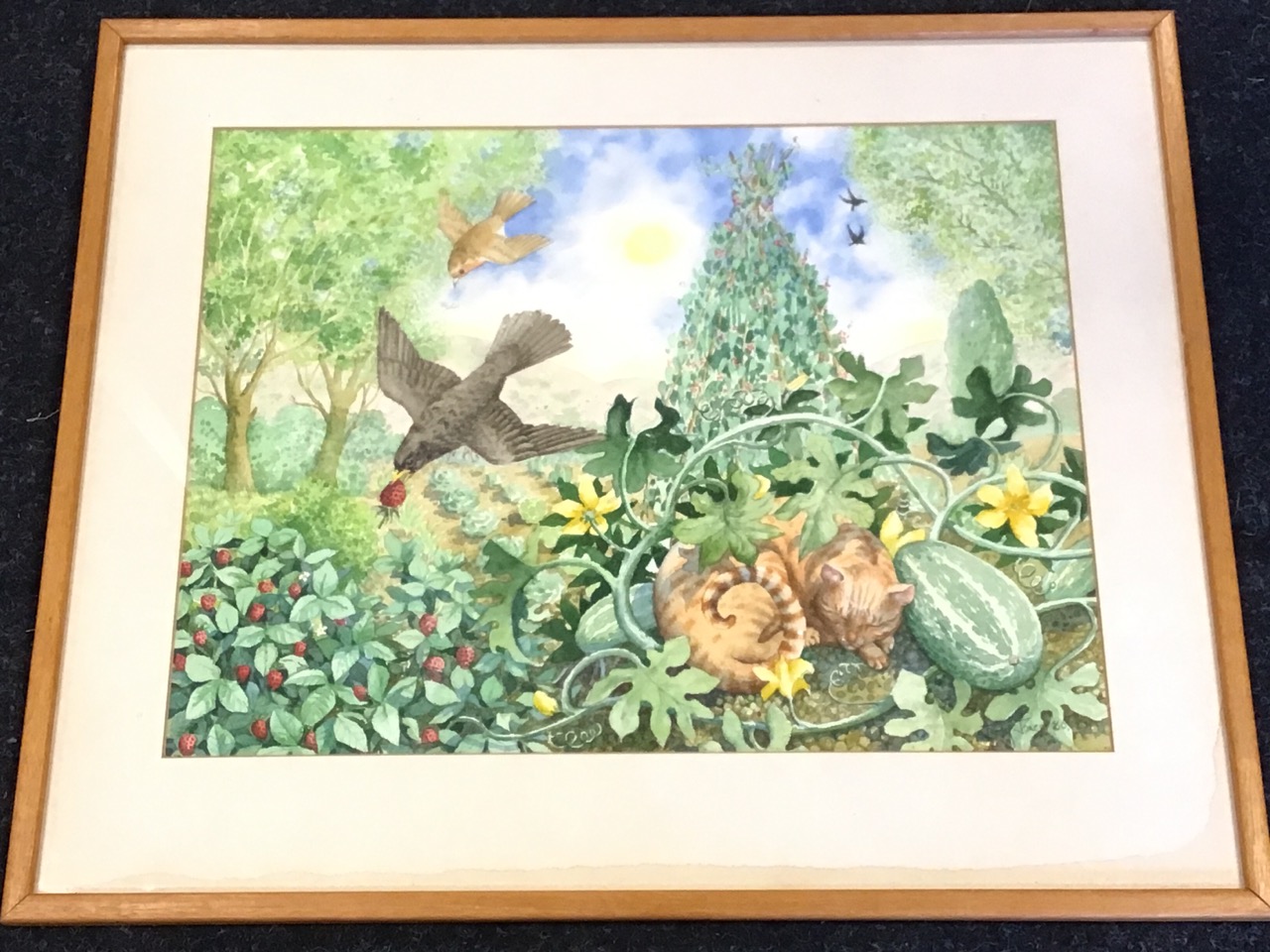 Judy Jones, watercolour, summer garden study with birds, fruit and vegetables and sleeping cat, - Image 2 of 3