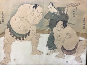 Katsukawa Shunsho, C20th Japanese woodblock print, depicting sumo wrestlers and a referee, signed