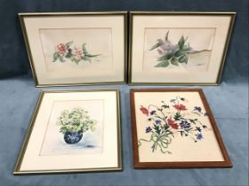 Floral still life watercolour studies, a set of three, signed with initials RMH, mounted & framed;