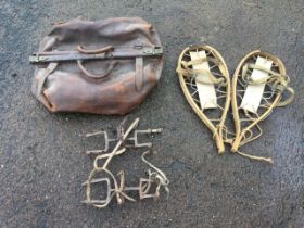 A pair of wood & canvas snow shoes; a Victorian leather gladstone bag with brass mounts; and a