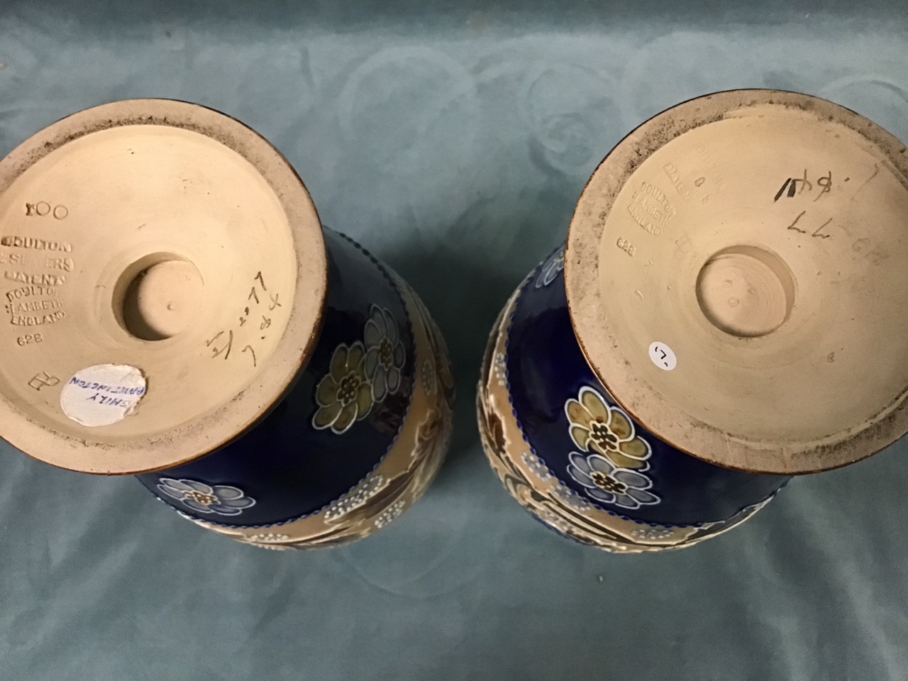 A pair of Doulton Lambeth stoneware vases, with tubelined decoration of peonies and flowerheads by - Image 2 of 3