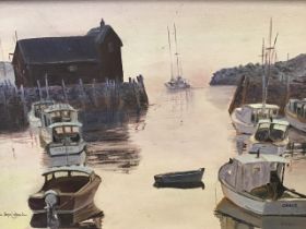 James Lishman, oil on canvas, Evening Reflections, small boats in a harbour at dusk, signed and