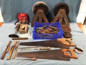 A pair of bomb carriage wheels with rubber tyres on steel brackets - 16in; and miscellaneous tools -