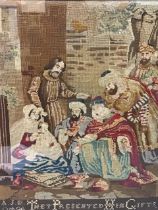 A Victorian woolwork tapestry depicting turbaned figures kneeling before a mother and child, dated