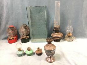 Miscellaneous oil lamps including pair with tinplate reflectors, miniature tin, silver plated,