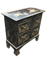 A diminutive Georgian japanned cabinet, the rectangular top with Chinese figures and buildings in