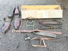 An Edwardian pine croquet box containing miscellaneous leather sporting, equestrian and military