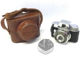 A miniature Mycro camera by Sanwa Co Ltd, in leather case with wrist strap - Japanese. (2.25in)