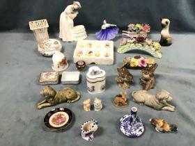 Miscellaneous ceramic ornaments including a miniature Meissen Coq sur Poule, a set of eight Coalport