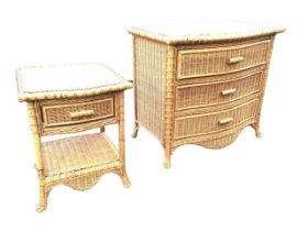 A woven cane bowfronted chest of drawers, the overhanging top above three drawers and a shaped