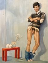 Oil on canvas, a semi-nude young man standing with arms folded beside a low table, unsigned,