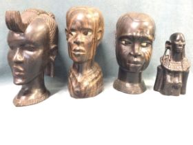 Four African carved ebony busts - a Maasai woman - 8in, a female head with elaborate coiffure - 9.