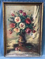 1950s oil on board, still life with vase of roses, signed indistinctly Soler?, framed. (23.5in x