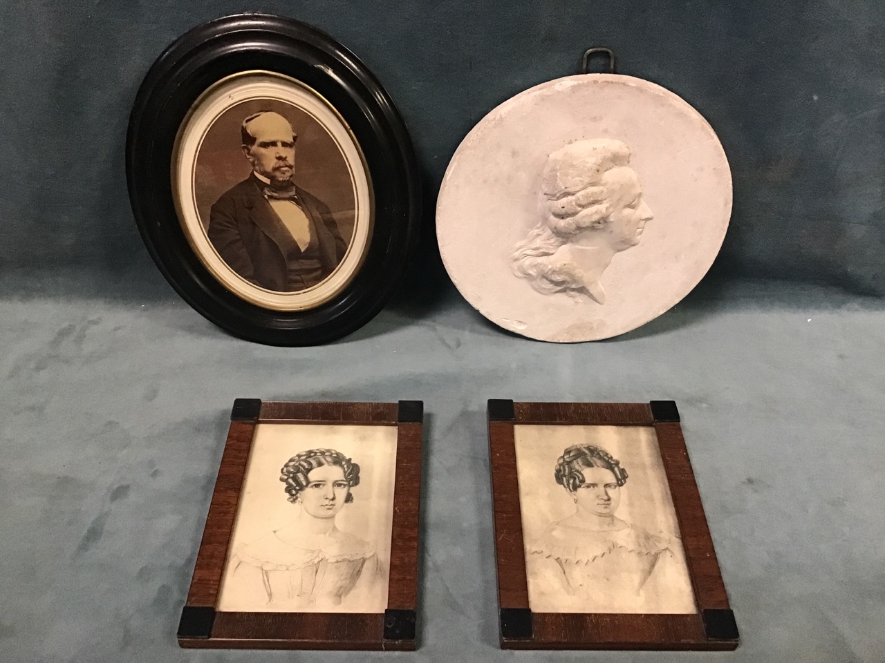A circular plastercast intaglio plaque of Gustav III of Sweden dated 1793; two pairs of framed - Image 2 of 3